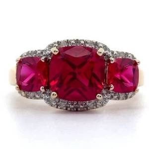 Three-Stone Ruby & Natural Diamond Halo Ring in Yellow Gold $1,599 Retail VIDEO