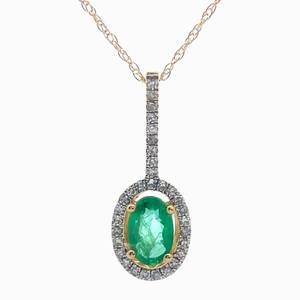 Natural Emerald & Natural Diamond Halo Drop Pendant and Necklace in Yellow Gold $1,440 Retail