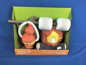 lot 103 image: Orvis Pet Outdoor 3 Piece Toy Set, with Campfire Plush, Lantern Tug Toy, and Removable Marshmallow Floating Stick