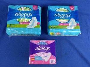 lot 106 image: Always Maxi Size 2 Long Super Pads With Wings, Unscented and Always Daily Thin Liners, Unscented, Regular, 240 ct.