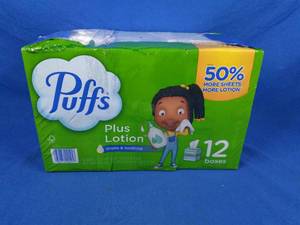 lot 140 image: Puffs Plus Lotion 2-Ply Facial Tissues, Cube Boxes 72 tissuesbox, 12 boxes