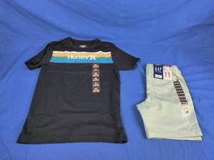 lot 158 image: New Black Hurley Shirt and Gap Green Shorts. Youth Size 1416