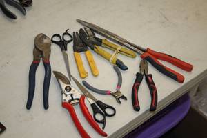 lot 59 image: Lot of (9) Assorted Hand Tools - Snips, Cutters, Shears, Pliers, Wire Stripper