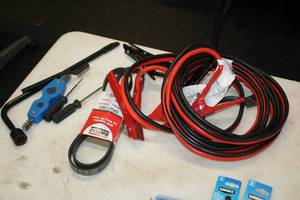 lot 80 image: Jumper Cables, Lug Wrench, Battery Terminal Brushes