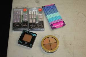 lot 238 image: Lot of (5) Assorted Make-Up Cosmetics - Milani, Maybellene Fit Me Coconut 355, Pretty woman Faux Nails, Hair Bands