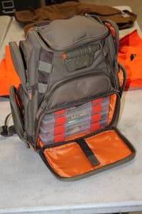 lot 287 image: Fishing Tackle Backpack with Various Fishing Lures, Weights, Hooks in Plastic Organizer Cases