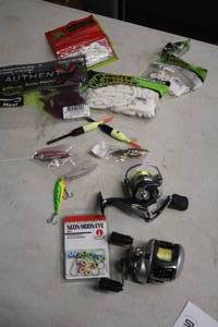 lot 294 image: Fishing Gear and Supplies - 4-pack Rubber Lures, (3) Lures, Pack Holographic Eye Lures, (2) Reels, (2) Bobbers