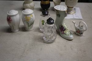 lot 333 image: Lot of (6) Assorted Collectors Shakers - Water Can, Boot, Vases, Clear Glass