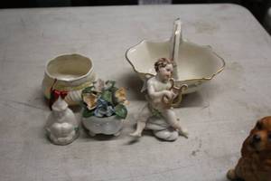 lot 330 image: Lot of (5) Assorted Home Dcor - Angel Playing Harp, Vase of Flowers, Bhuddha, Porcelain Easter Basket