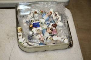 lot 328 image: Lot of (45) Assorted Collectors Thimbles with Tin