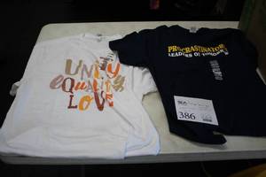 lot 386 image: Lot of (2) Size X-Large Novelty T-Shirts - Procrastinators, Unity-Equity-Love