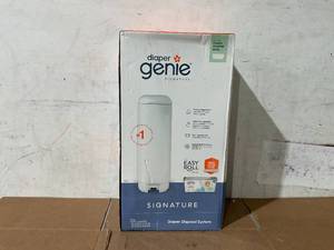 lot 255 image: Diaper Genie Signature White Pail, Includes 1 Easy Roll Refill with 9 Bags, Infant, Plastic, White