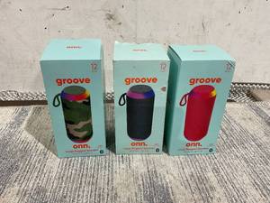 lot 149 image: LOT OF 3 Groove Onn. Large Rugged Speaker with LED Lighting