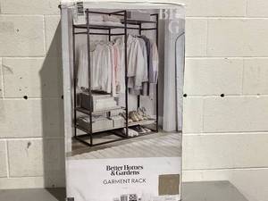 lot 412 image: Better Homes & Gardens Jace Freestanding Metal 2-Rod Garment Rack with 4 Wooden Shelves, Black