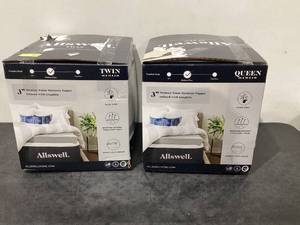 lot 569 image: LOT of 2 Allswell 3 Sleep Cool Memory Foam Mattress Topper Infused with Graphite, Queen & Twin