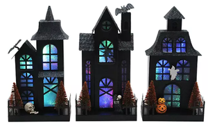 lot 68 image: Members Mark Pre-Lit Metal Haunted Halloween Village, Set of 3