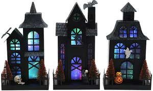 lot 69 image: Members Mark Pre-Lit Metal Haunted Halloween Village, Set of 3