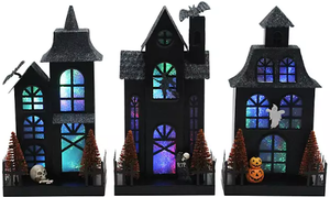 lot 70 image: Members Mark Pre-Lit Metal Haunted Halloween Village, Set of 3