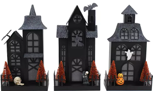 lot 71 image: Members Mark Pre-Lit Metal Haunted Halloween Village, Set of 3