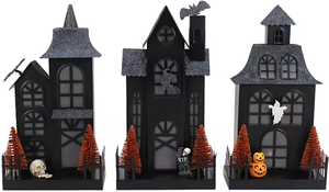 lot 72 image: Members Mark Pre-Lit Metal Haunted Halloween Village, Set of 3