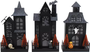 lot 73 image: Members Mark Pre-Lit Metal Haunted Halloween Village, Set of 3