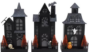 lot 74 image: Members Mark Pre-Lit Metal Haunted Halloween Village, Set of 3