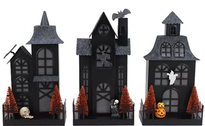 lot 75 image: Members Mark Pre-Lit Metal Haunted Halloween Village, Set of 3