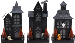 lot 76 image: Members Mark Pre-Lit Metal Haunted Halloween Village, Set of 3