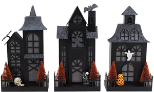 lot 77 image: Members Mark Pre-Lit Metal Haunted Halloween Village, Set of 3