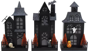 lot 78 image: Members Mark Pre-Lit Metal Haunted Halloween Village, Set of 3
