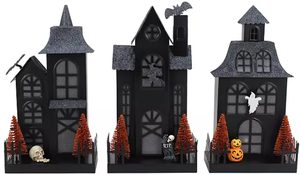 lot 84 image: Members Mark Pre-Lit Metal Haunted Halloween Village, Set of 3