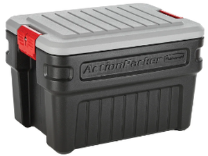 lot 93 image: Rubbermaid 24 Gallon ActionPacker Storage Bin, Heavy Duty, Lockable, Black, Included Lid