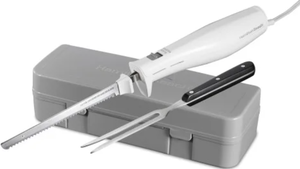 lot 406 image: Hamilton Beach Electric Knife Set with Fork and Case, Ergonomic Design, Stainless Steel Reciprocating Blades, White, 74251