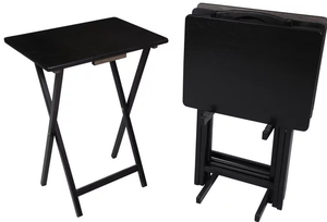 lot 409 image: Mainstays Indoor Folding Table Set of 4 in Black L19 x W15 x H26 inches. 4 Tables1 Rack Stand.