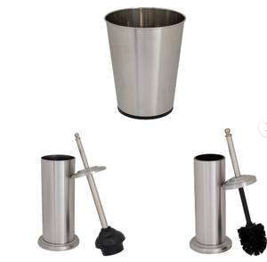 lot 472 image: Bath Bliss Trash Can, Toilet Brush and Plunger 3 Piece Bathroom Set in Stainless Steel