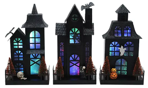 lot 710 image: LOT OF 6 Members Mark Pre-Lit Metal Haunted Halloween Village