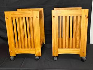 lot 100 image: Wooden Mobile Magazine Racks on Wheels - Pair