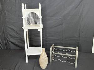 lot 102 image: Decorative Birdcage Stand with Vase and Metal Wine Rack