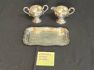 lot 113 image: Creamer and Sugar Set with Cheshire Silver Plated Tray