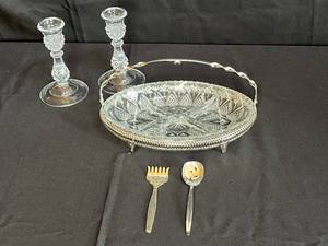 lot 121 image: Vintage Crystal Serving Set with Tray and Candlesticks