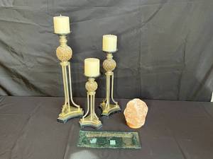 lot 124 image: Decorative Candle Holders and Glass Tray Set