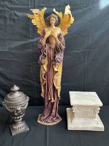 lot 139 image: Decorative Angel Statue with Pedestal and Urn