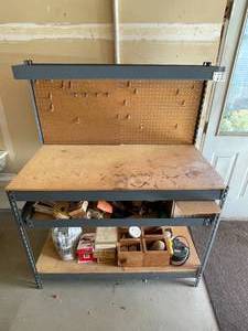 lot 17 image: Metal Workbench with Pegboard and Storage Shelves WorkbenchPeg Board ONLY
