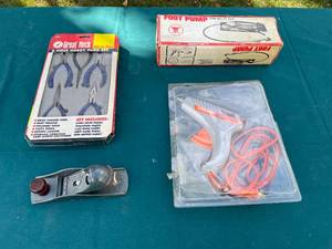 lot 40 image: Lot of Tools Hobby Pliers, Plane, Glue Gun, and Foot Pump