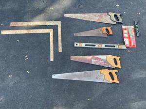 lot 52 image: Mixed Lot of Hand Saws, Framing Squares, and Tools
