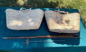 lot 62 image: Vintage Woven Baskets and Bamboo Fishing Poles