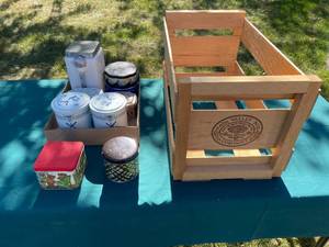 lot 71 image: Collection of Decorative Tins and Napa Valley Wooden Crate
