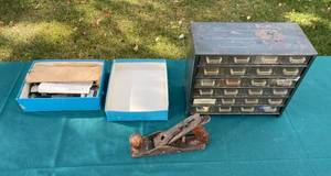 lot 27 image: Metal Organizer, Wood Plane, and Clipper Lot