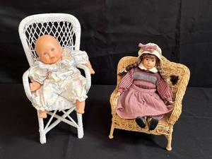 lot 162 image: Vintage Porcelain Doll and Baby Doll with Wicker Chairs