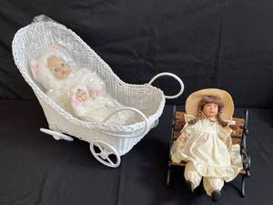 lot 165 image: Vintage Porcelain Dolls with Wicker Carriage and Wooden Bench